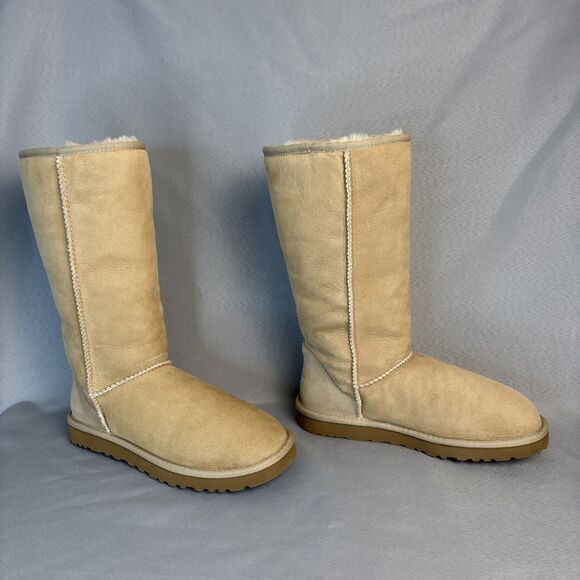 Womens UGG Boots Sz 7 Classic Tall Sand Sheepskin Suede Wool Boho Festival $220 - Picture 8 of 15